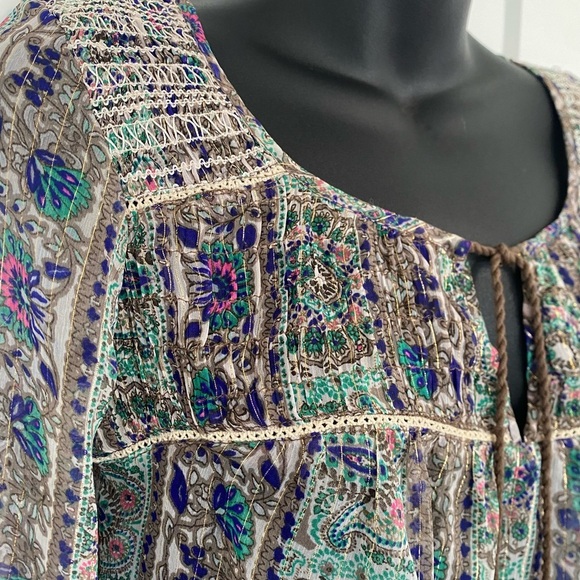 American Eagle Tie Front Printed Long Sleeve Boho Sheer Light Blouse Size XS - Picture 5 of 8